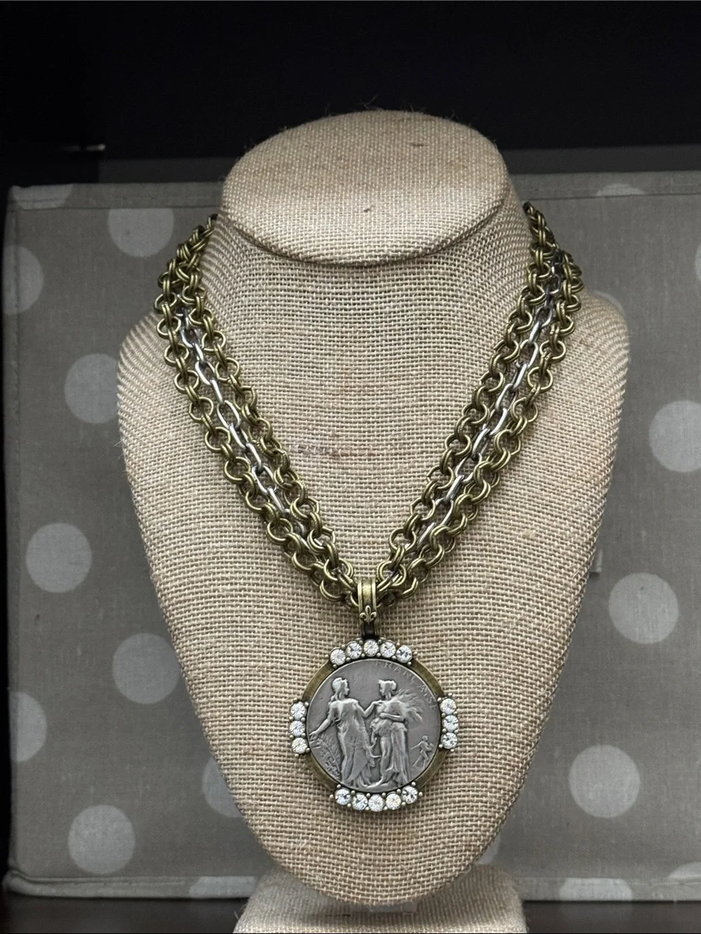 Antique-Style Brass Tone Medallion Necklace with Crystal Accents